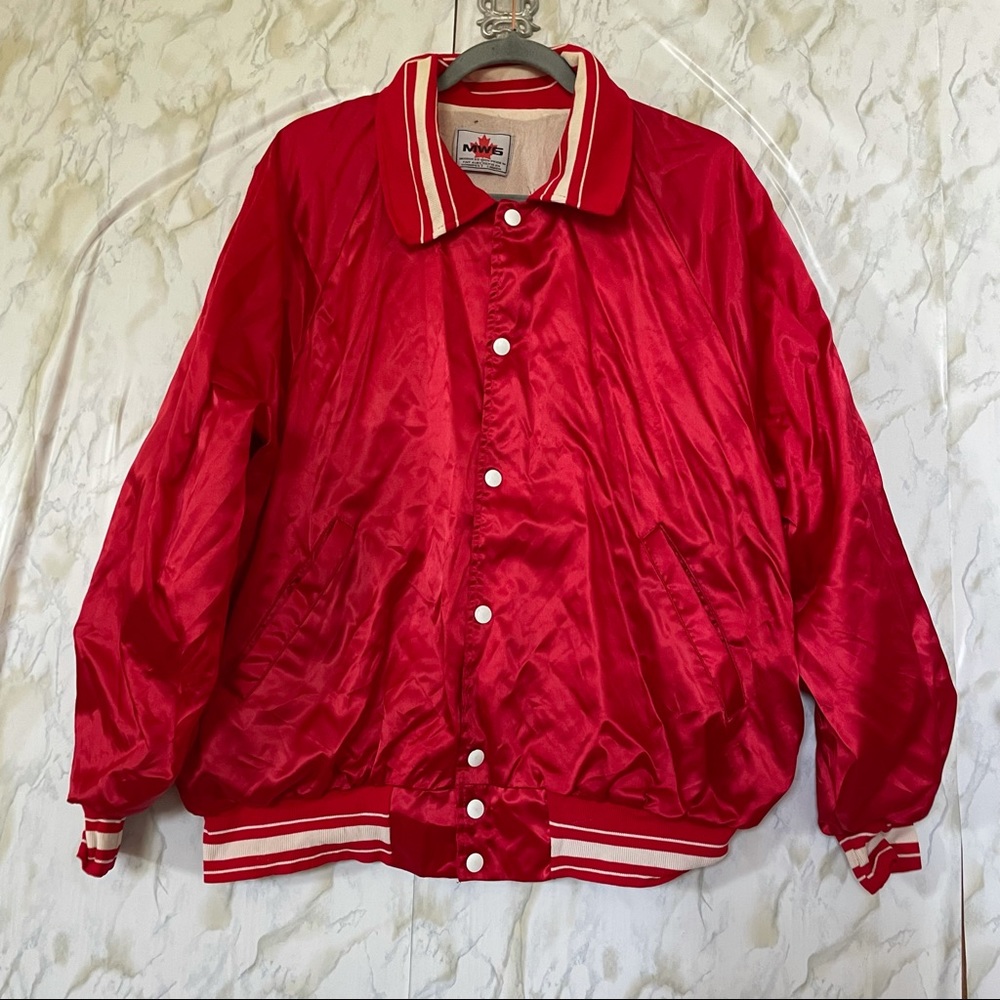 Vintage MWG bomber jacket red coat snap buttons mens large 80s Canada casual - Picture 2 of 8